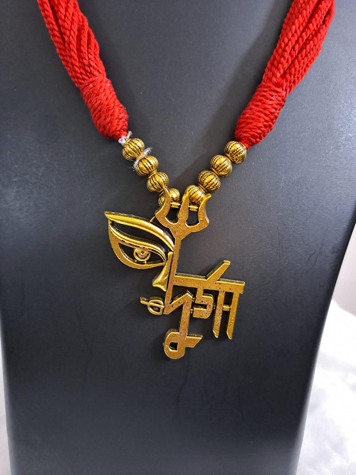 Red thread necklace set with golden oxidised Durga pendant n matching earrings