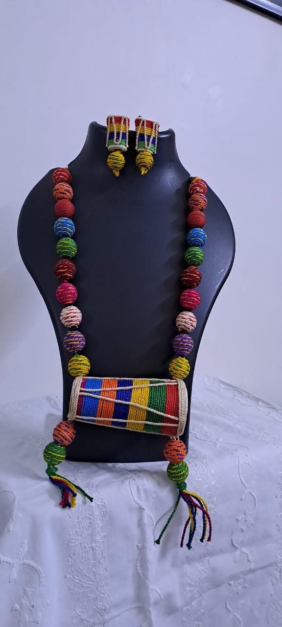 Multi coloured thread beads necklace set with dholak pendant and matching earrings