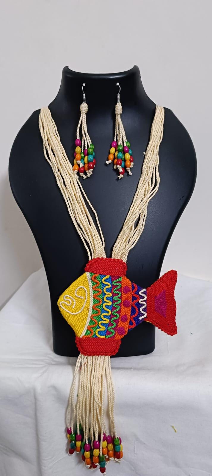 Multi colour thread fish pendant Jewellery. set with matching thread earrings