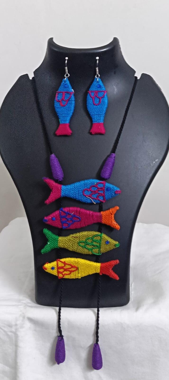 Multi colour crochet thread necklace with fish pendant and matching thread earrings