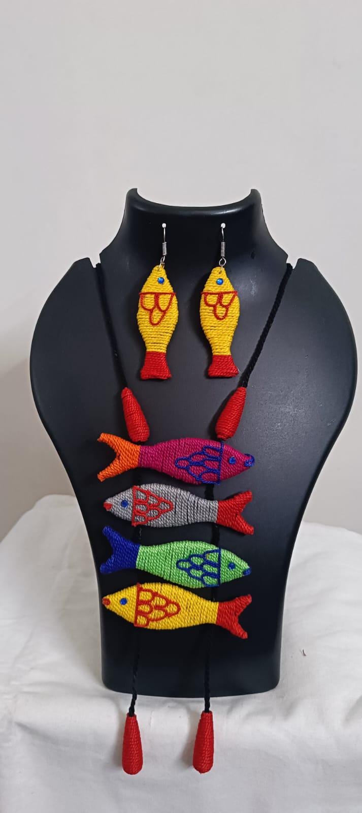 Multi colour crochet thread necklace with fish pendant and matching thread earrings
