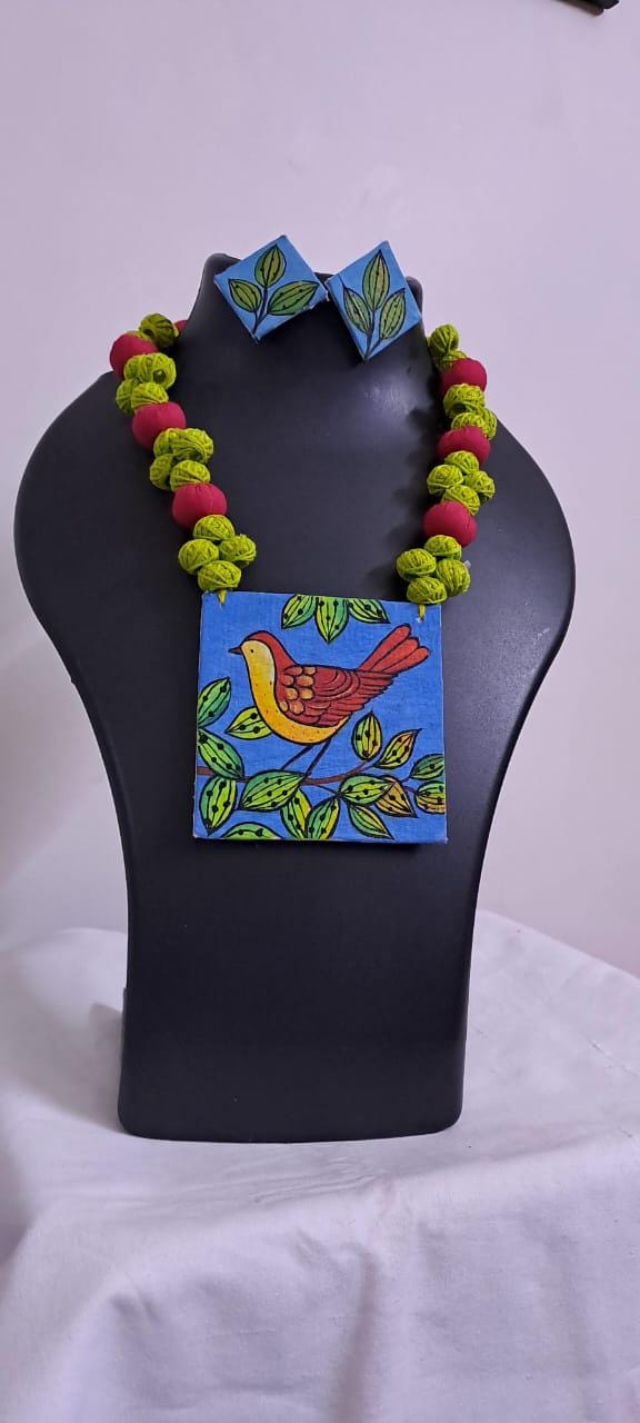 Handpainted fabric jewellery set with matching earrings