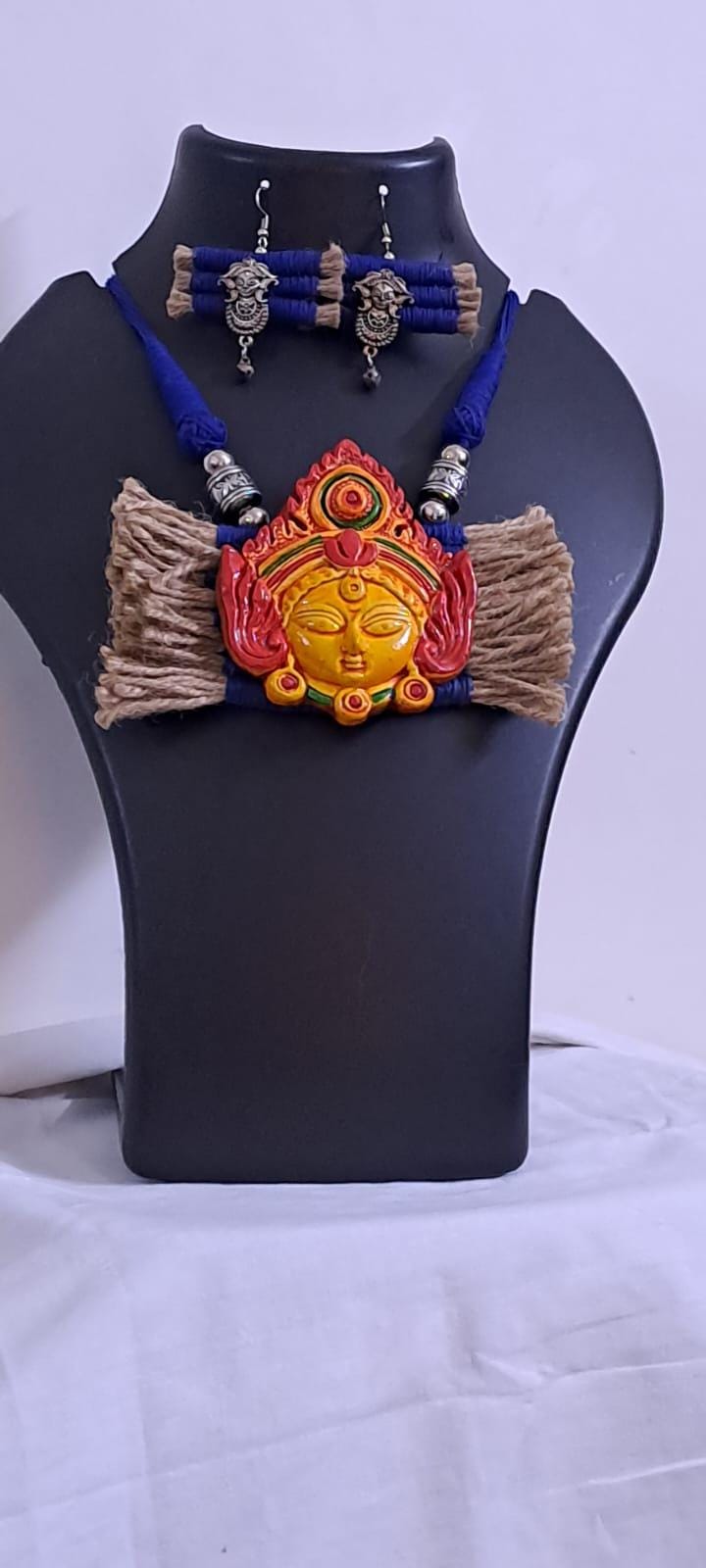 Terracotta Durga pendant jute necklace set with matching earrings