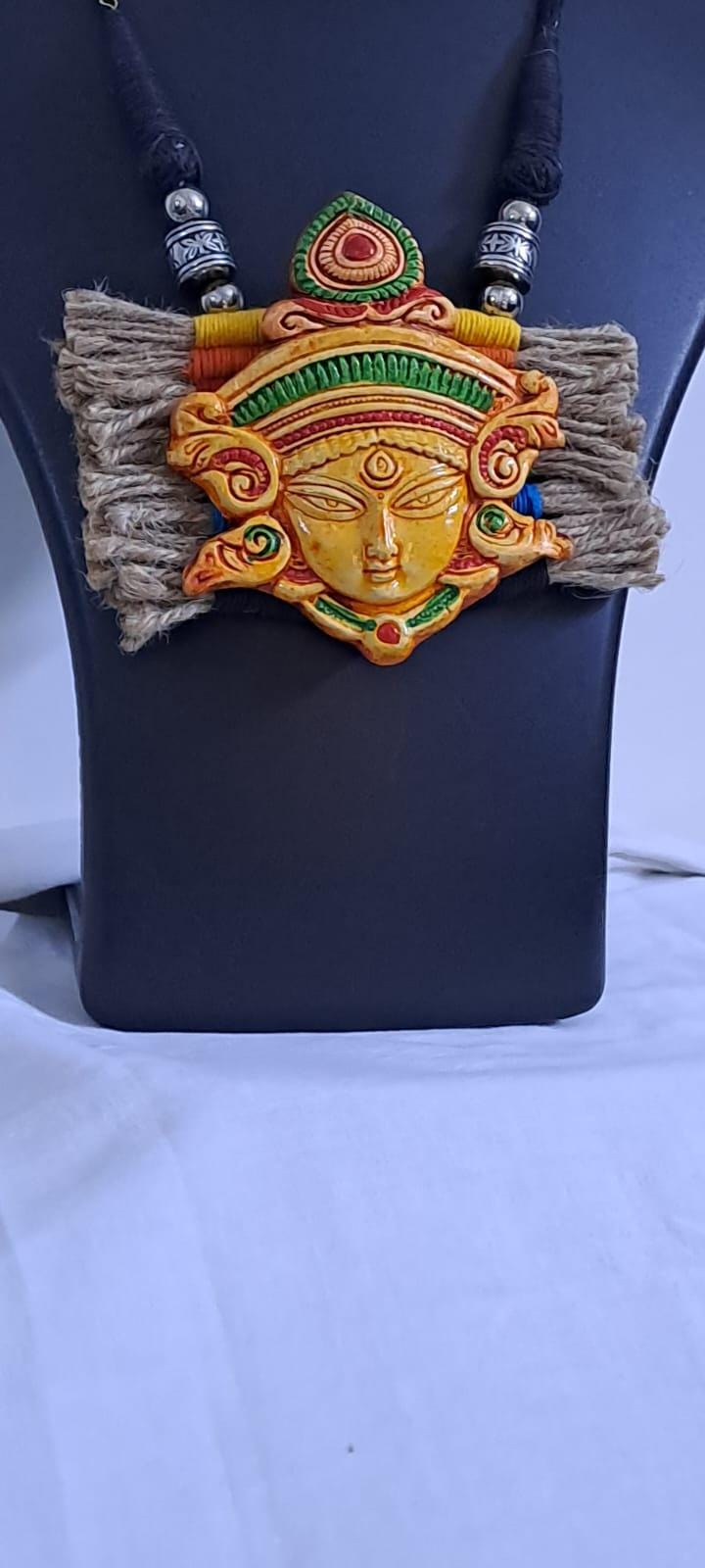 Terracotta Durga pendant jute necklace set with matching earrings