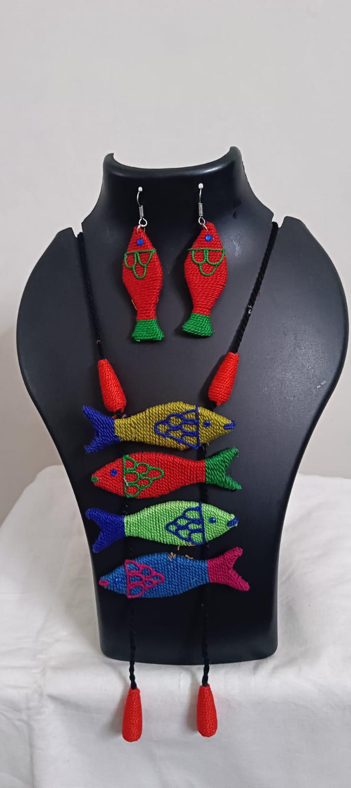 Multi colour crochet thread necklace with fish pendant and matching thread earrings
