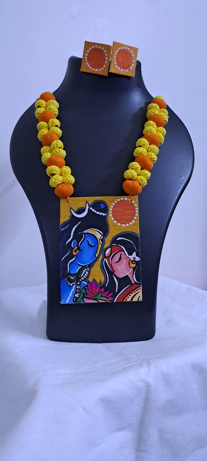 Handpainted fabric jewellery set with matching earrings