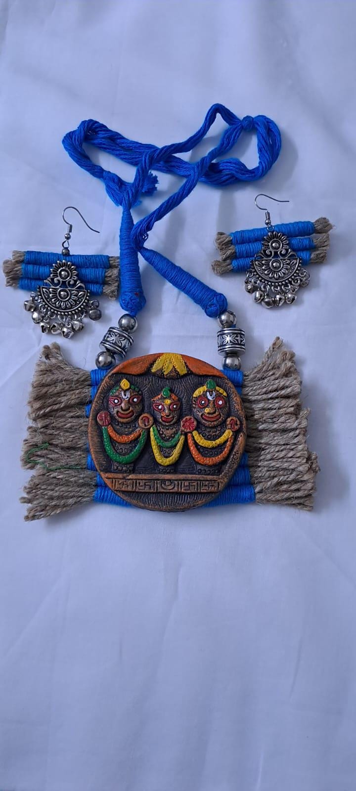 Terracotta Lord Jagannath pendant jute necklace set with matching earrings