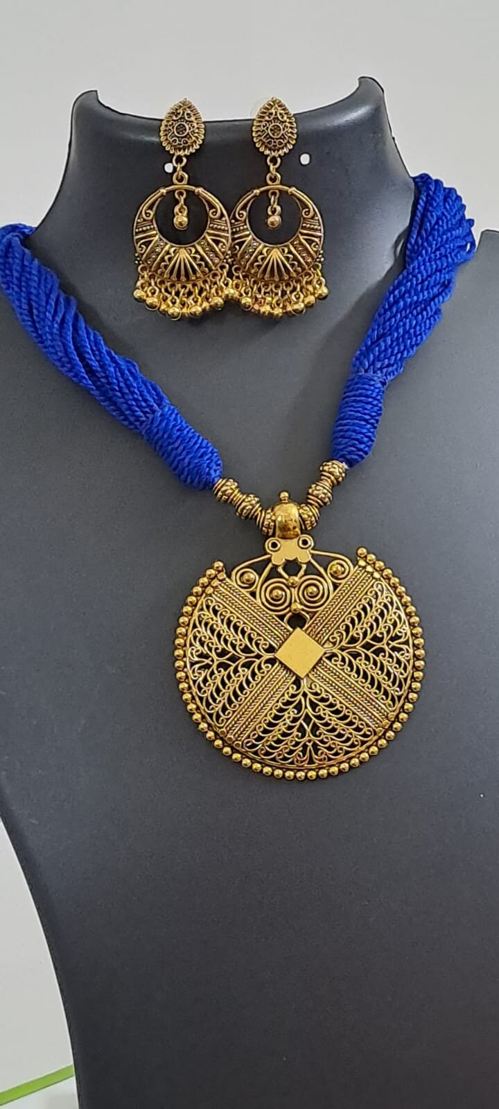 Blue thread necklace with Golden oxidised traditional pendant