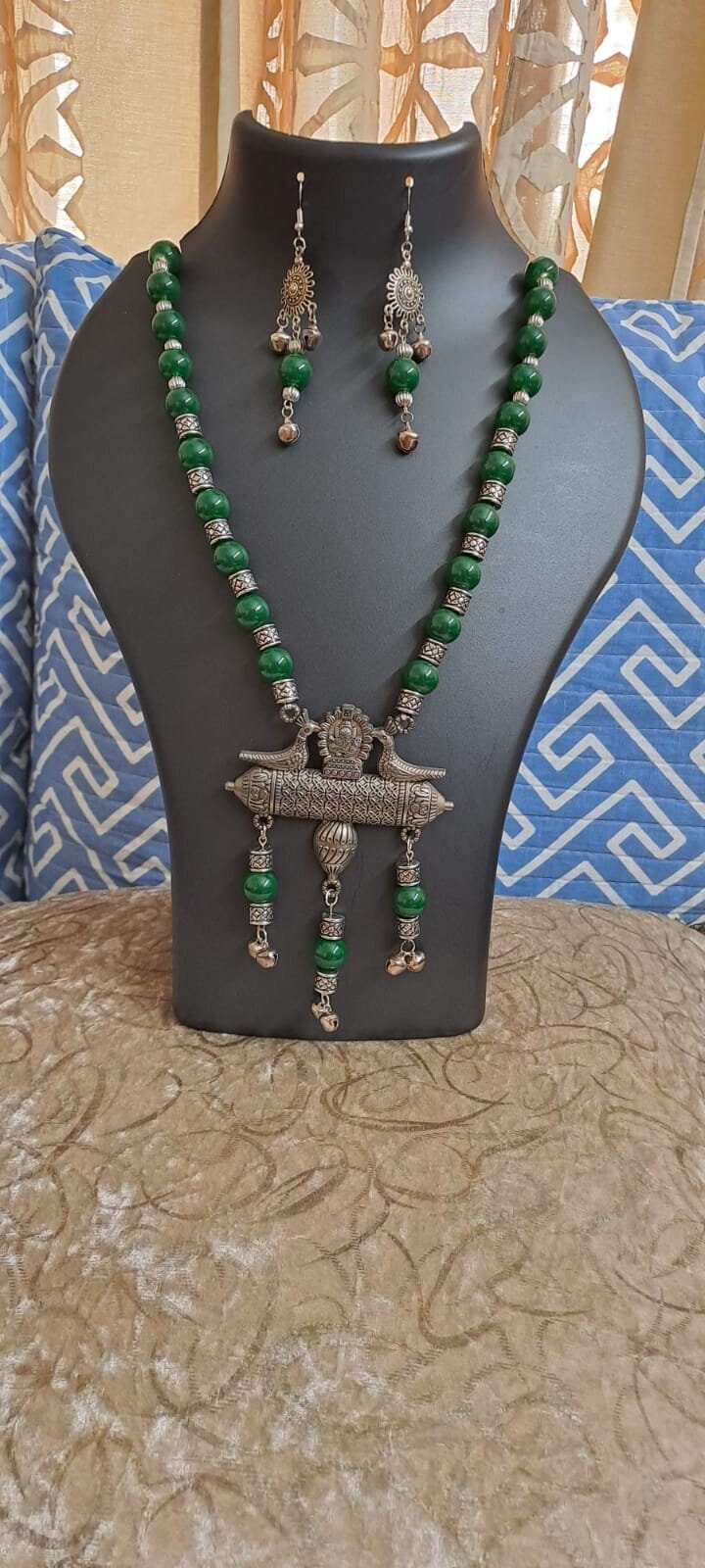 Green glass beads necklace with silver oxidised pendant
