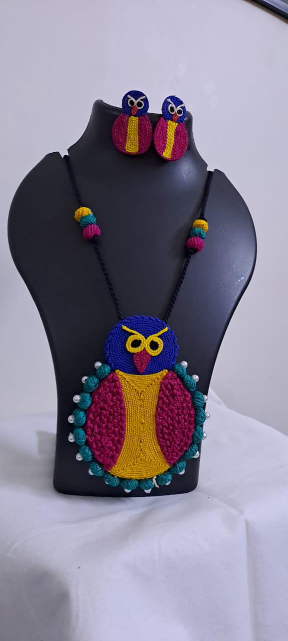 Handmade thread jewellery necklace set with owl pendant and matching earrings