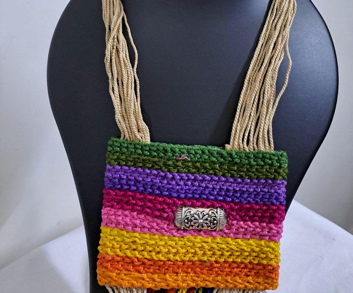 Multi colour crochet thread necklace with thread danglers and matching thread earrings