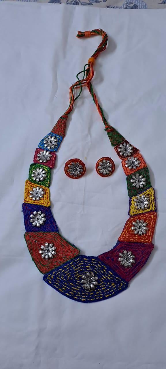 Exclusive  necklace set with multiple thread n  silver oxidised pendants n matching earrings