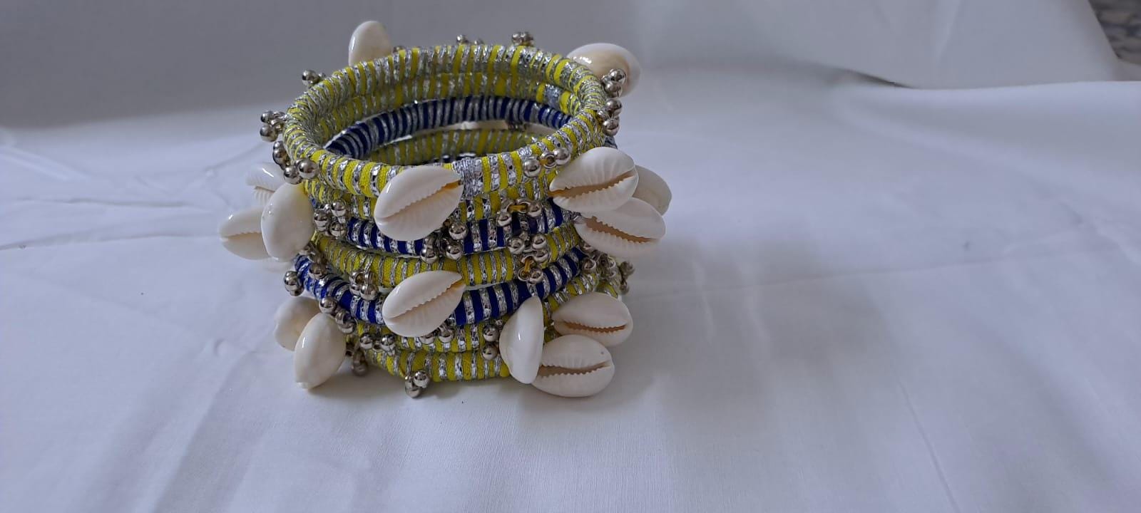 Yellow and blue colour traditional zari thread and kori bangles (set of 7 bangles)