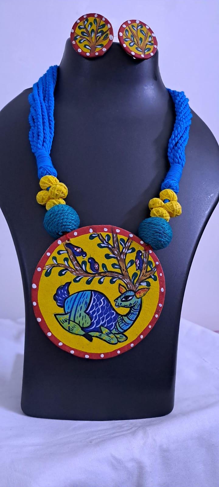 Handpainted fabric necklace set with earrings