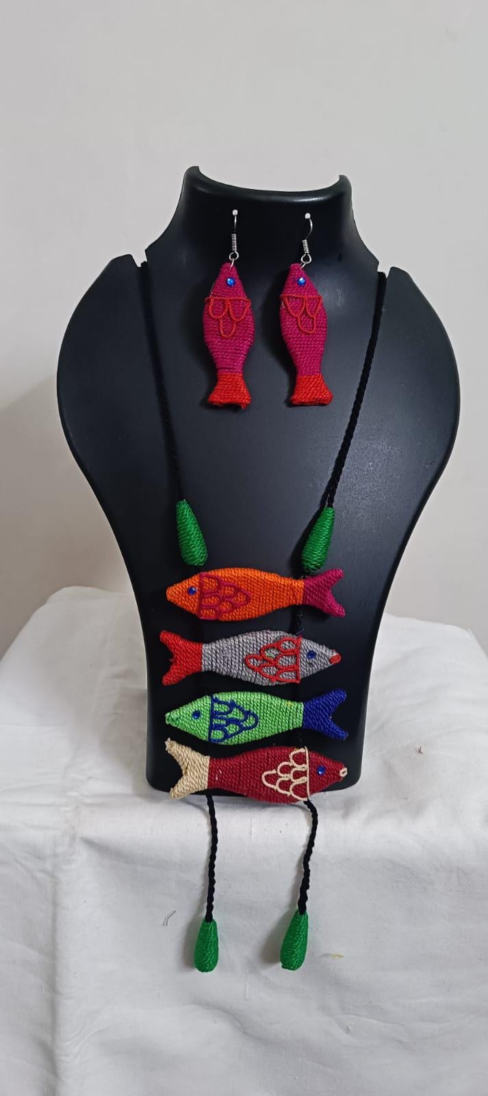 Multi colour crochet thread necklace with fish pendant and matching thread earrings