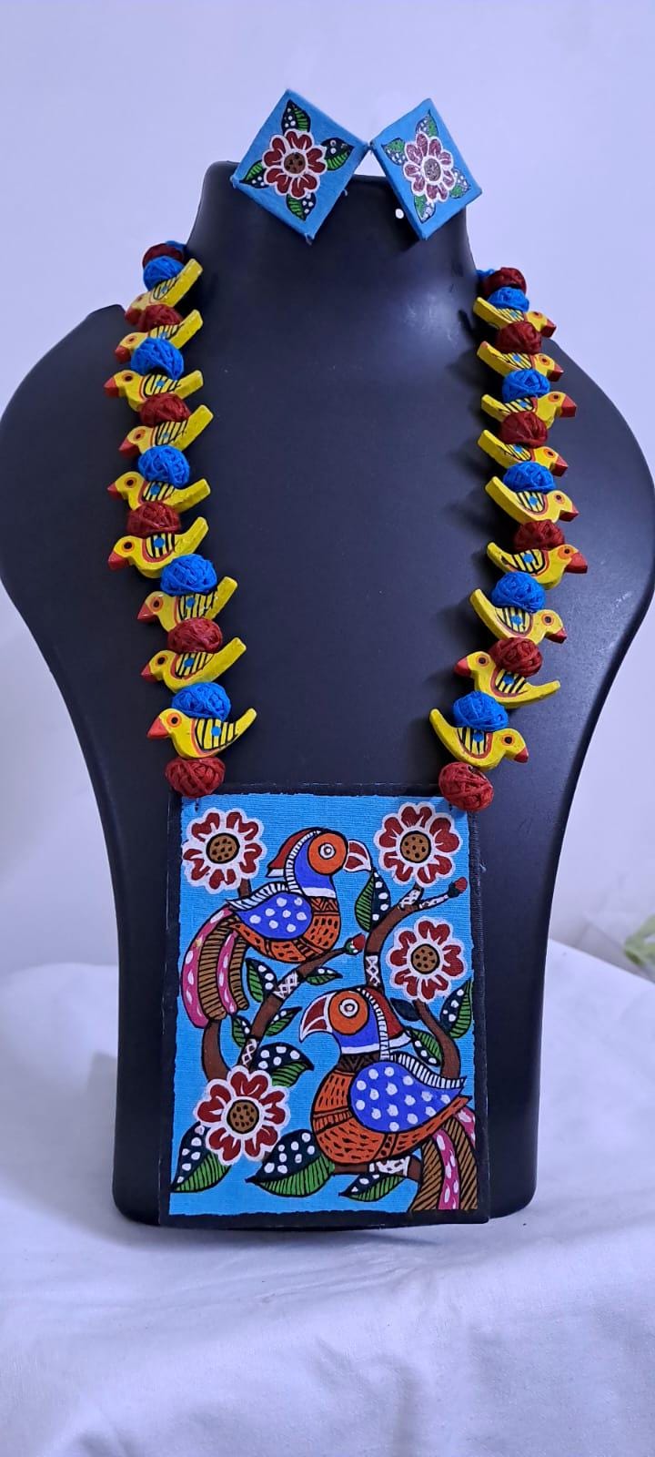 Handpainted fabric necklace set with earrings