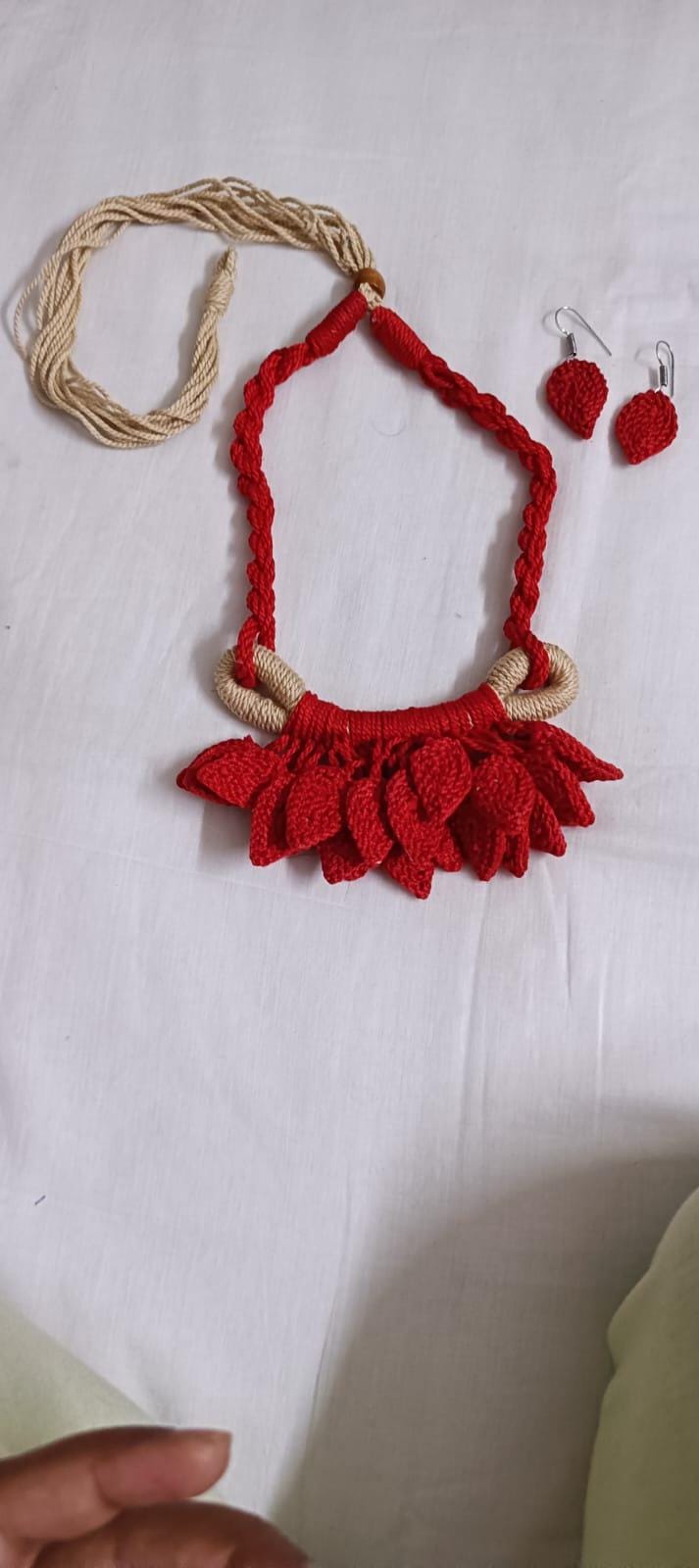 Red Crochet thread necklace set with leaf fringes and matching earrings