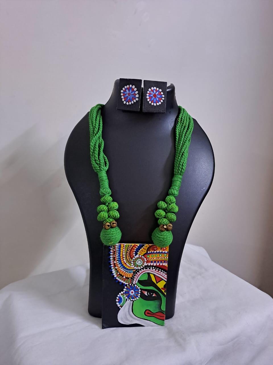 Handpainted fabric jewellery set with matching earrings