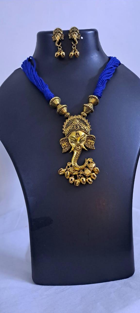 Blue thread necklace with Golden oxidised traditional pendant