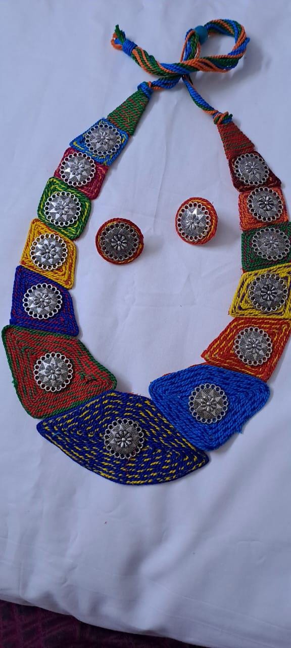 Exclusive  necklace set with multiple thread n  silver oxidised pendants n matching earrings