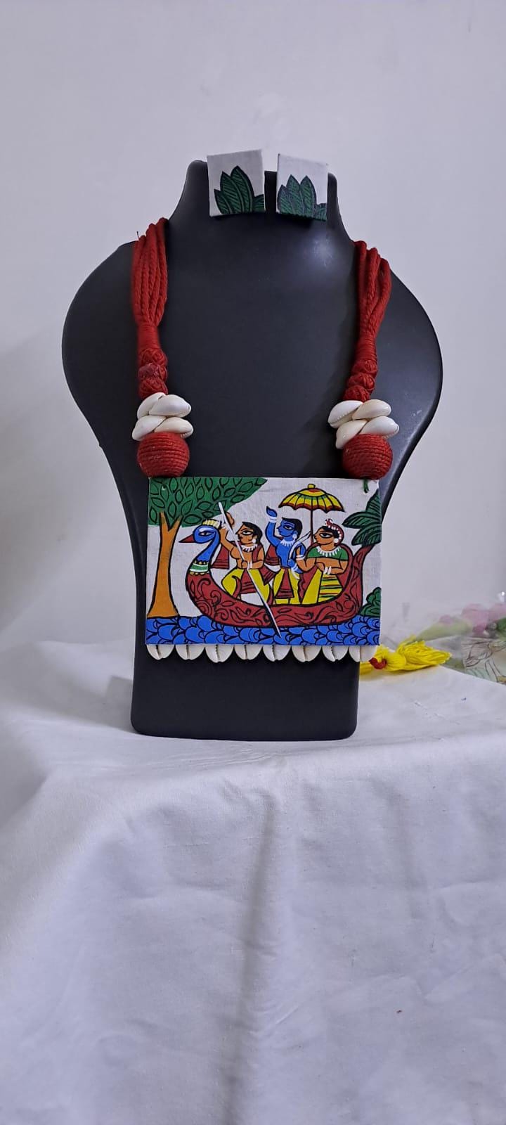 Handpainted fabric necklace set with earrings