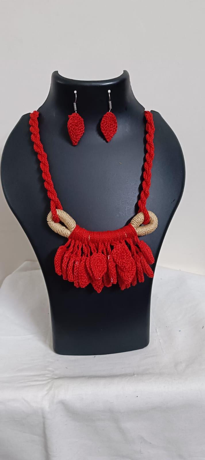 Red Crochet thread necklace set with leaf fringes and matching earrings