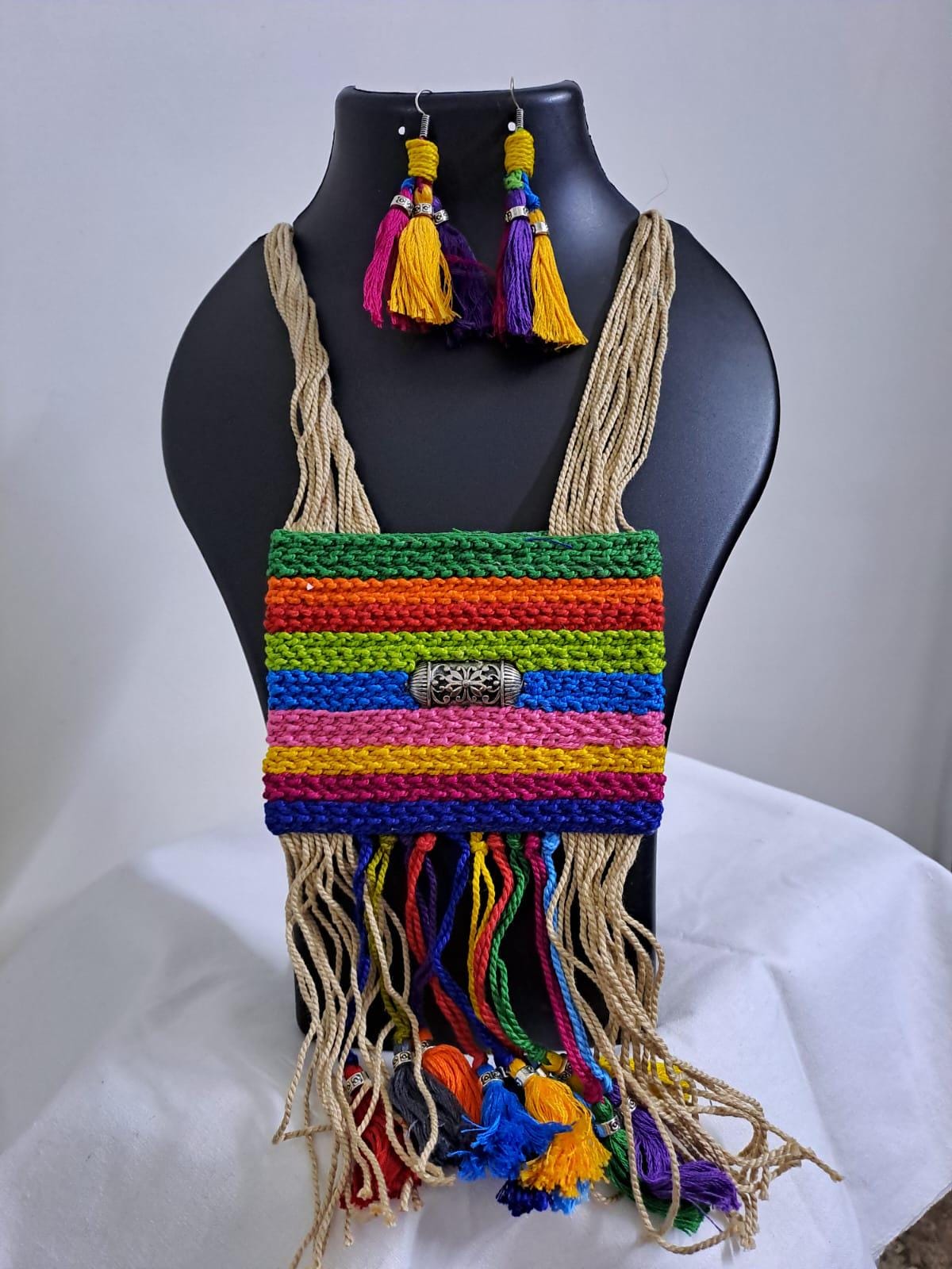 Multi colour crochet thread necklace with thread danglers and matching thread earrings
