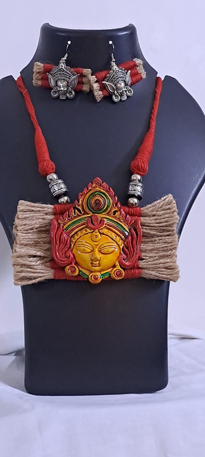 Terracotta Durga pendant jute necklace set with matching earrings