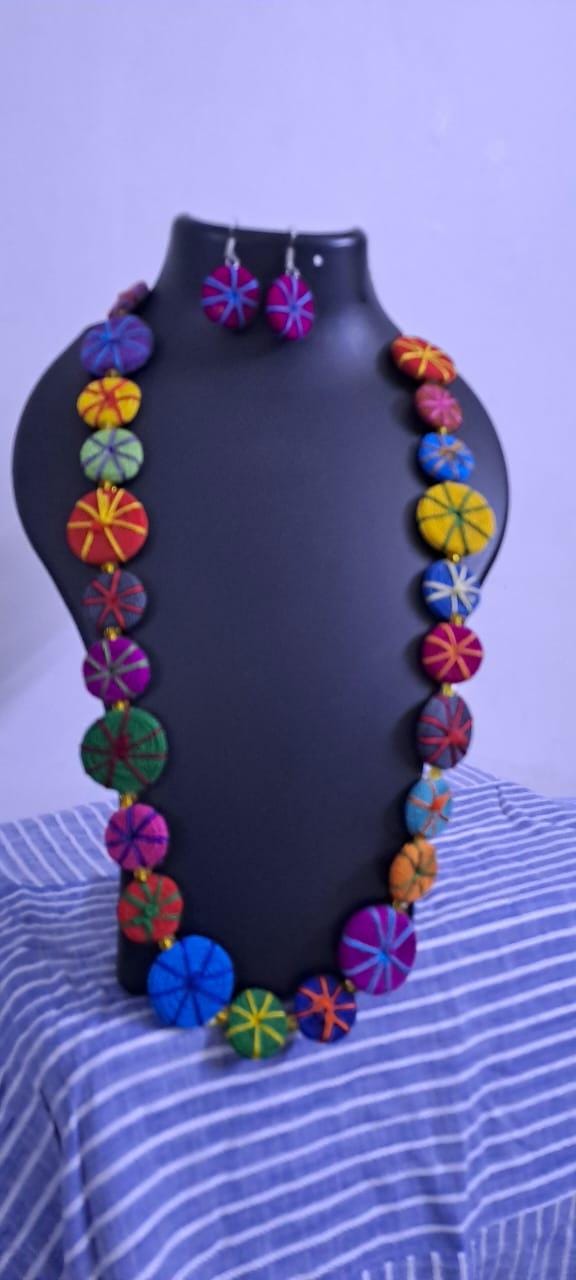 Exclusive multicoloured flat thread beads long necklace set with matching earrings (pink)