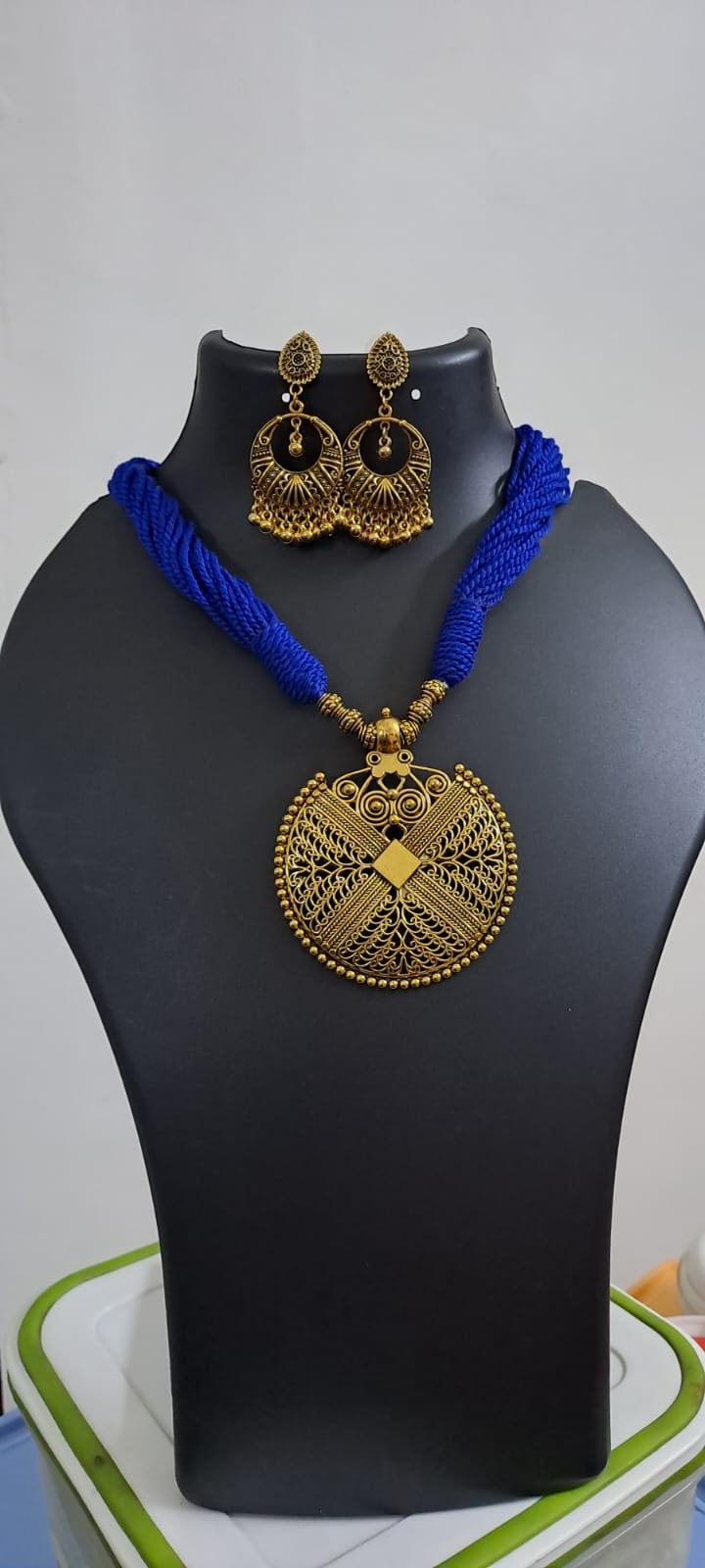 Blue thread necklace with Golden oxidised traditional pendant