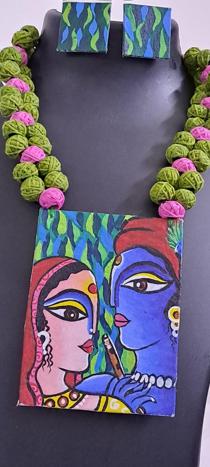 Handpainted fabric jewellery set with matching earrings
