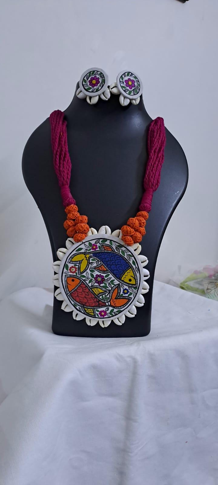 Handpainted fabric jewellery set with matching earrings
