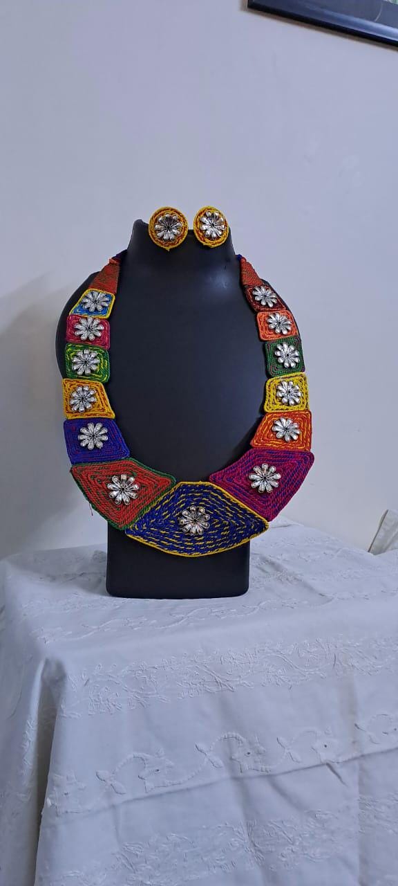 Exclusive  necklace set with multiple thread n  silver oxidised pendants n matching earrings