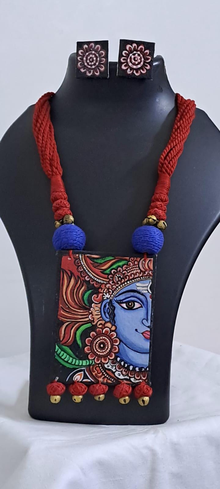 Handpainted fabric jewellery set with matching earrings