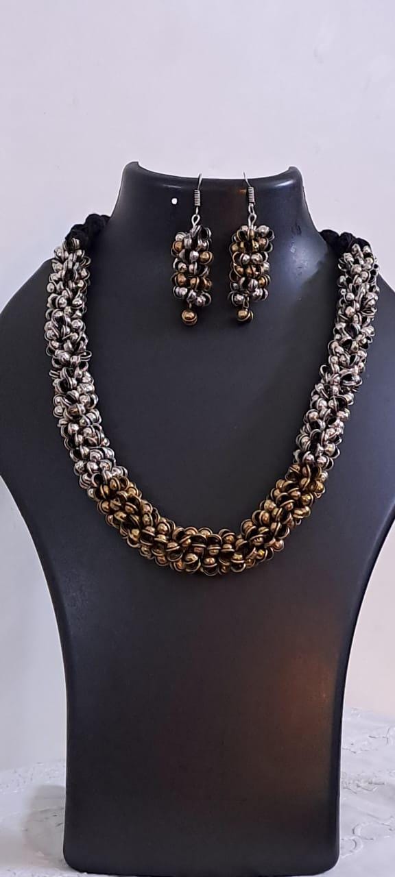 Exclusive silver oxidised traditional trinket beads necklace and matching earrings