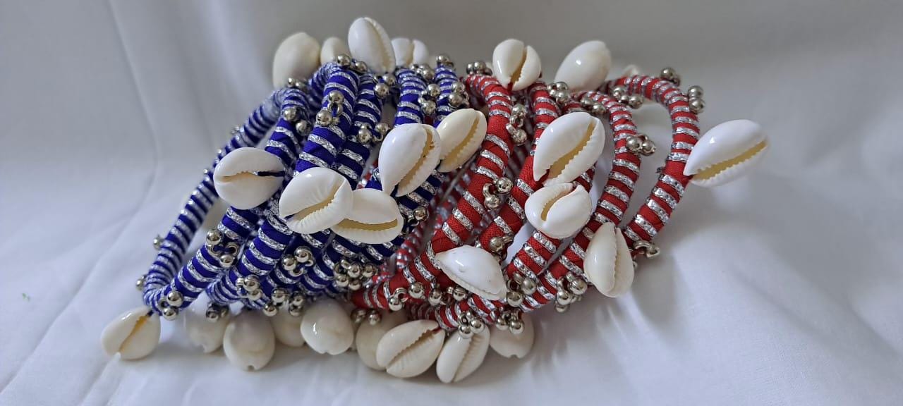Red and blue colour traditional zari thread and kori bangles (set of 10 bangles)