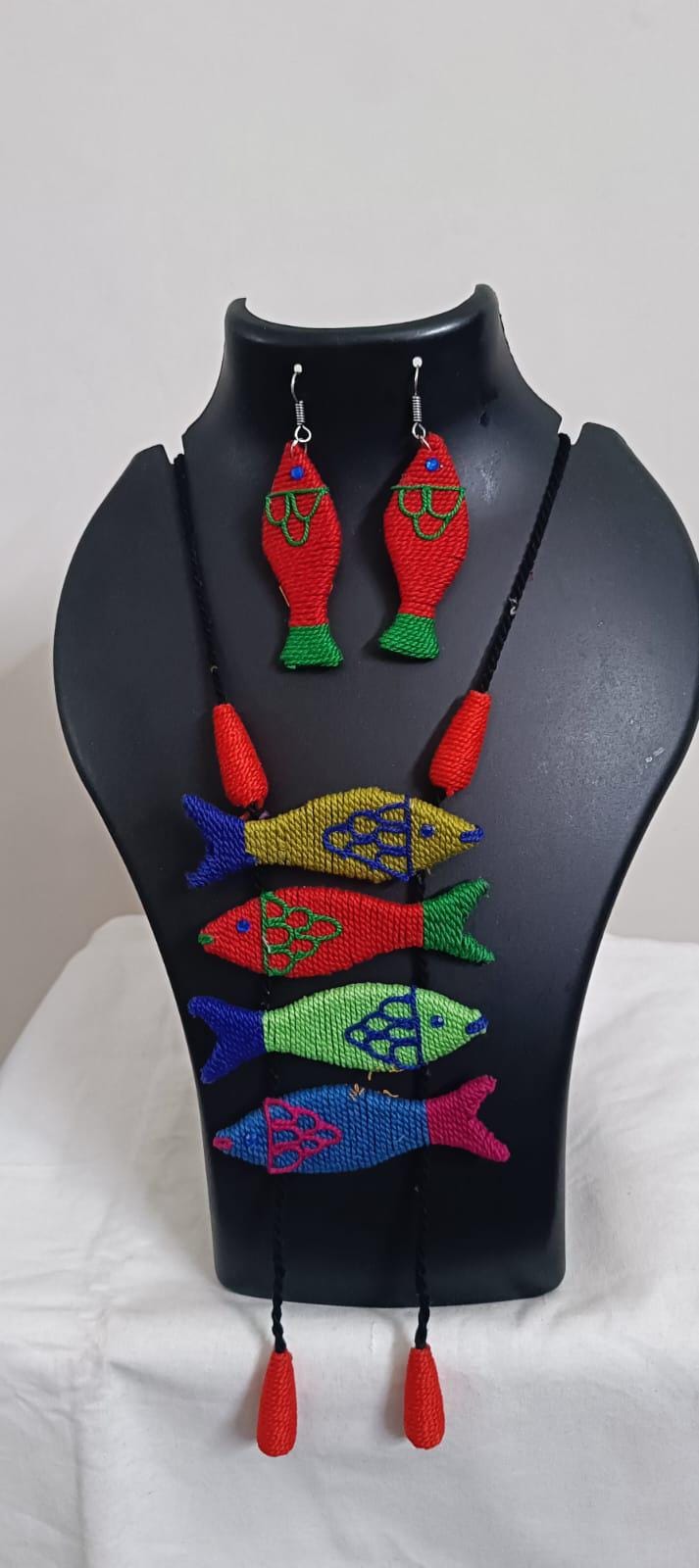 Multi colour crochet thread necklace with fish pendant and matching thread earrings