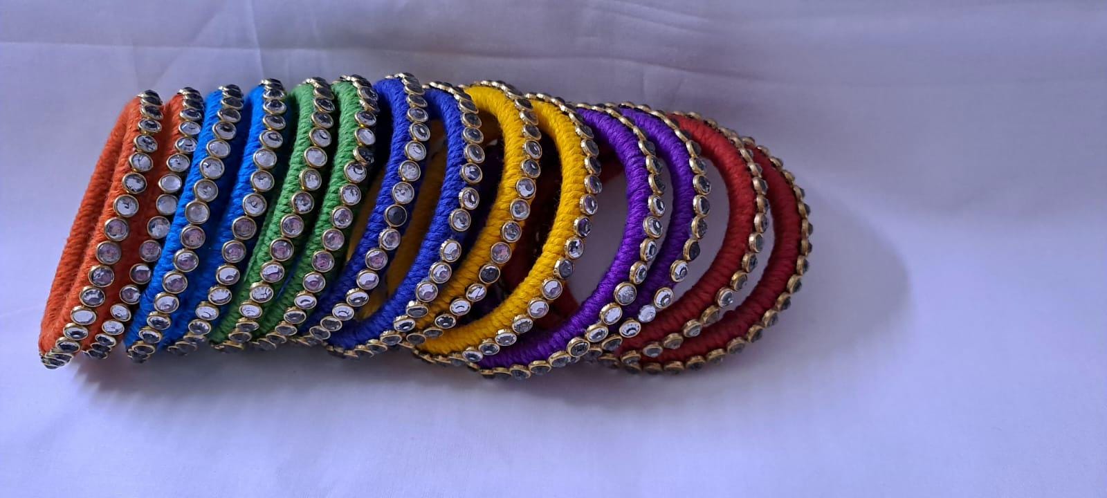 Rainbow colour traditional thread kundan bangles with zari bangle box