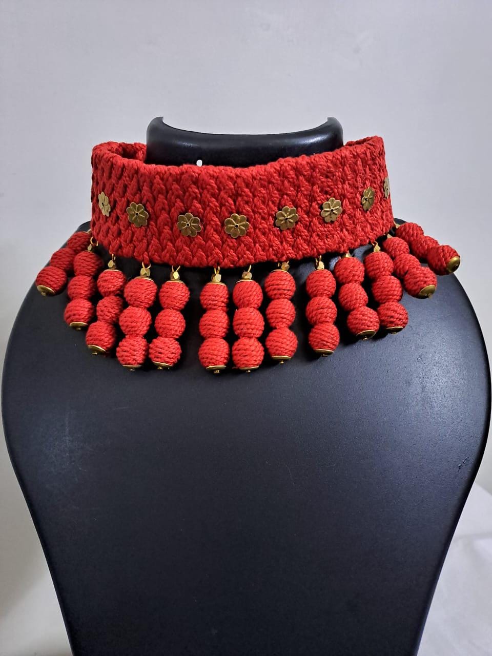 Braided red choker necklace set with fringes n matching earrings