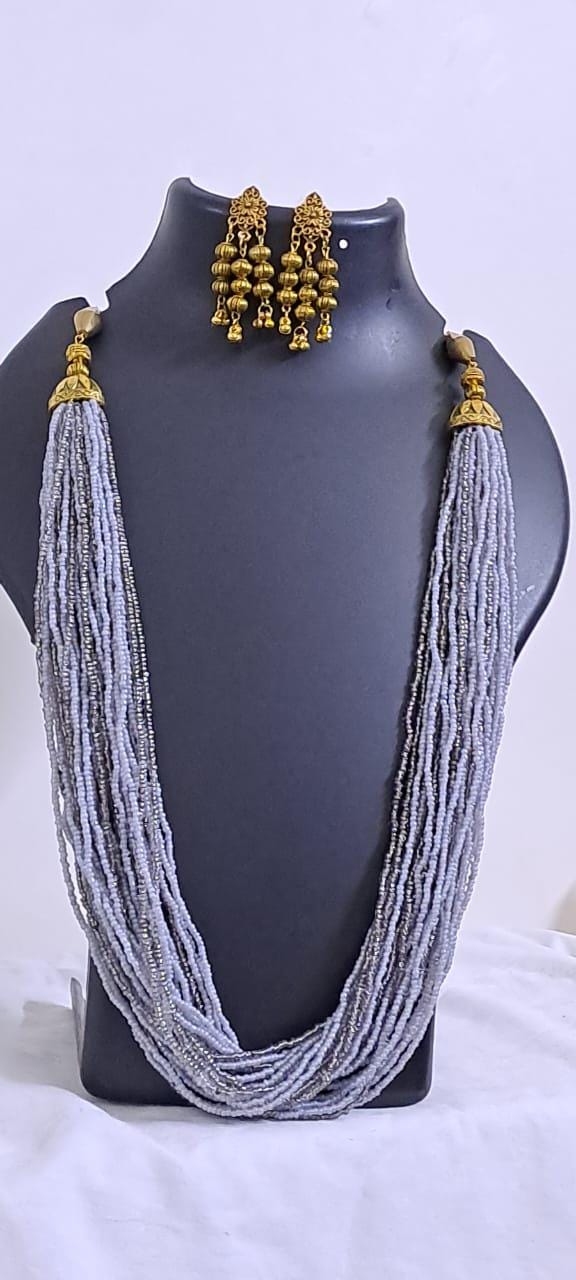 Exclusive multi layered  grey glass beads necklace set with golden oxidised matching earrings