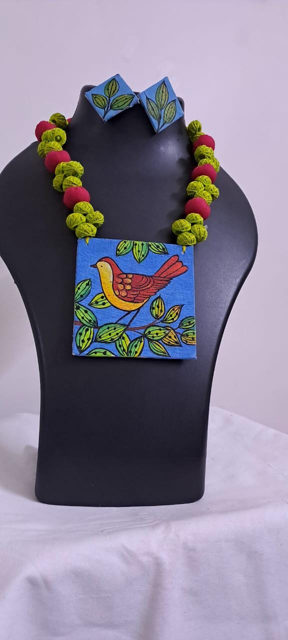 Handpainted fabric jewellery set with matching earrings