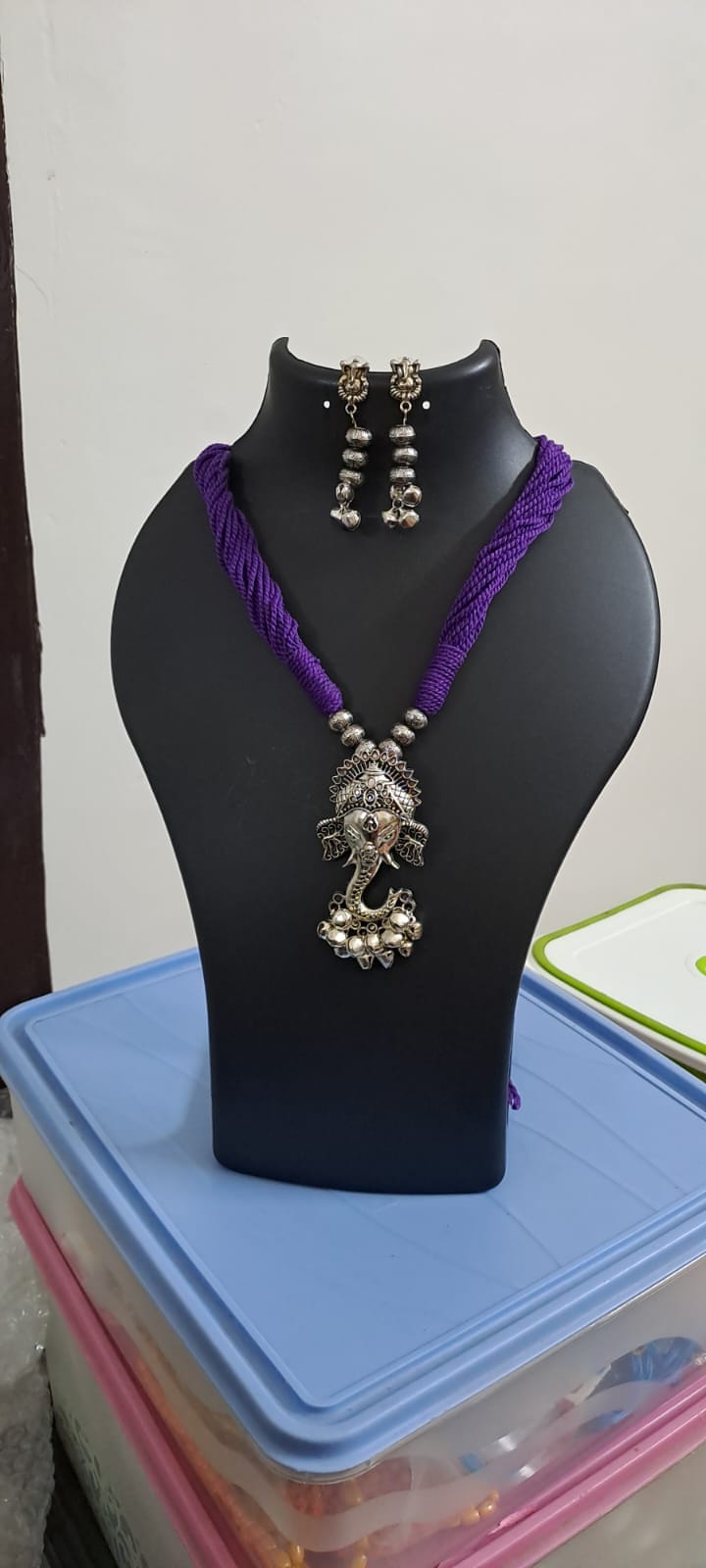 Purple thread necklace with oxidised silver ganesha pendant