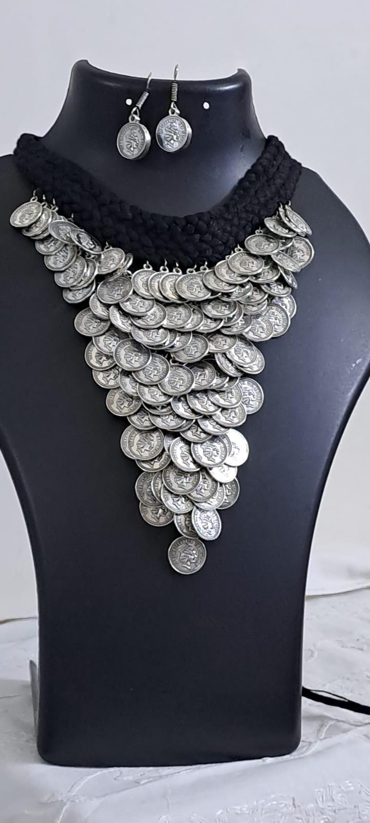 Braided black choker necklace set with multi layered fringes n matching earrings