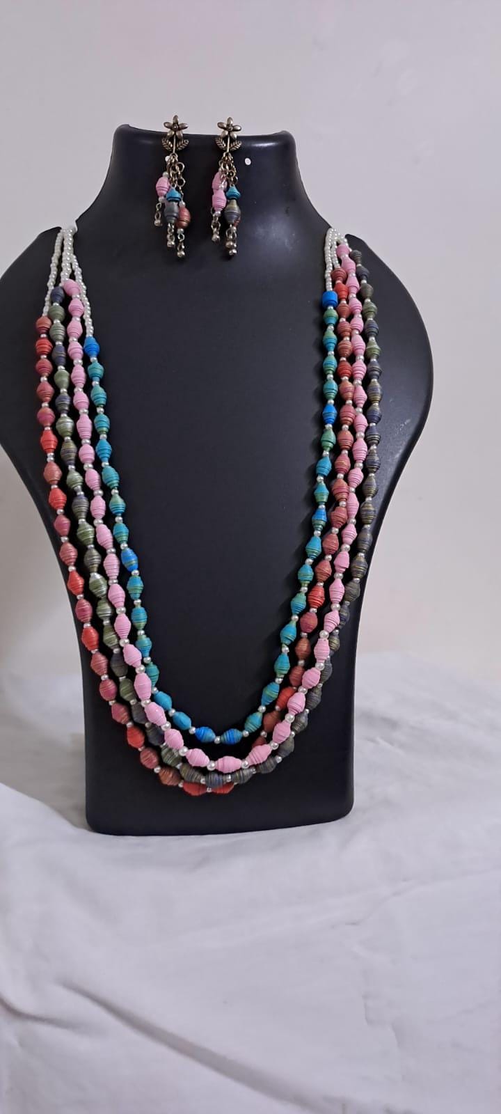 Blue, pink, grey n red paper beads necklace set