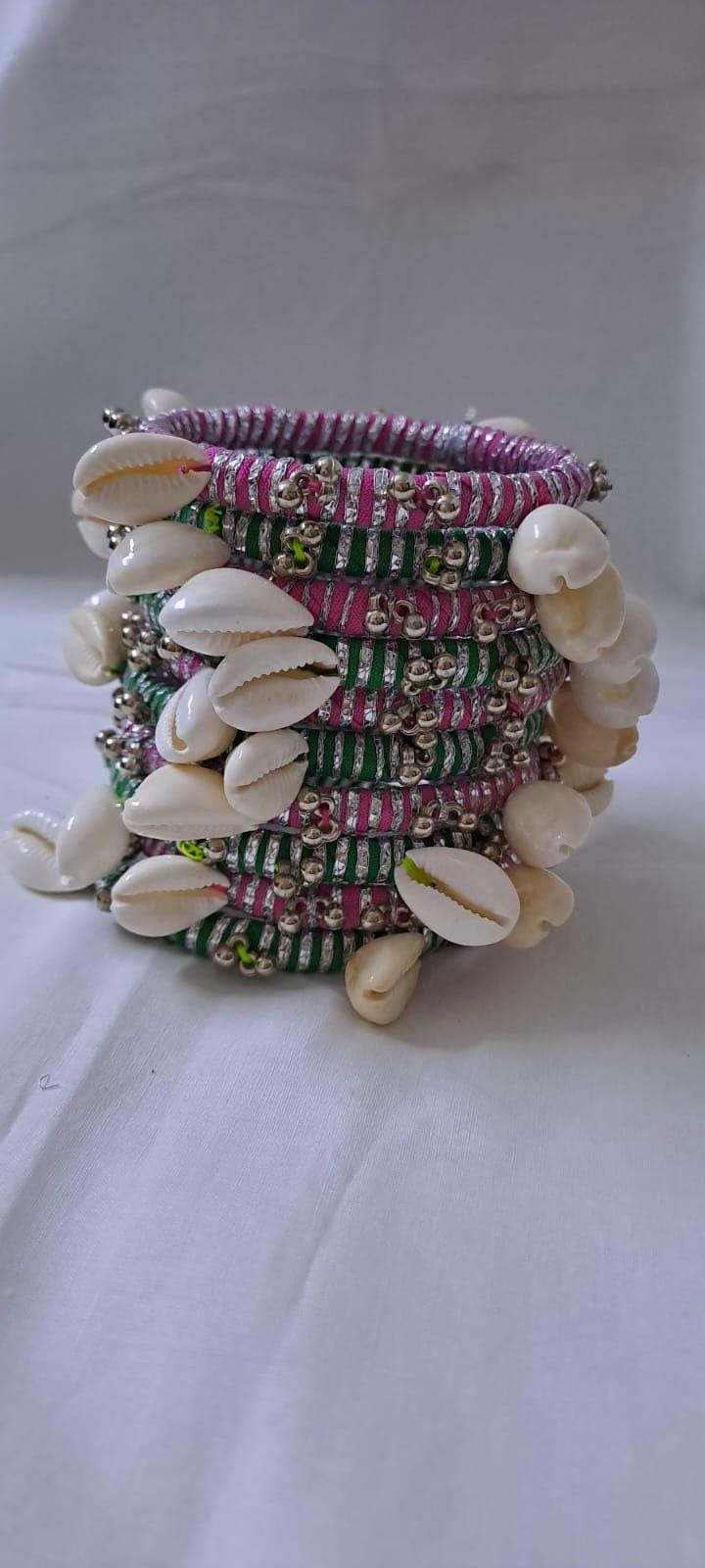 Pink and green colour traditional zari thread and kori bangles (set of 10 bangles)