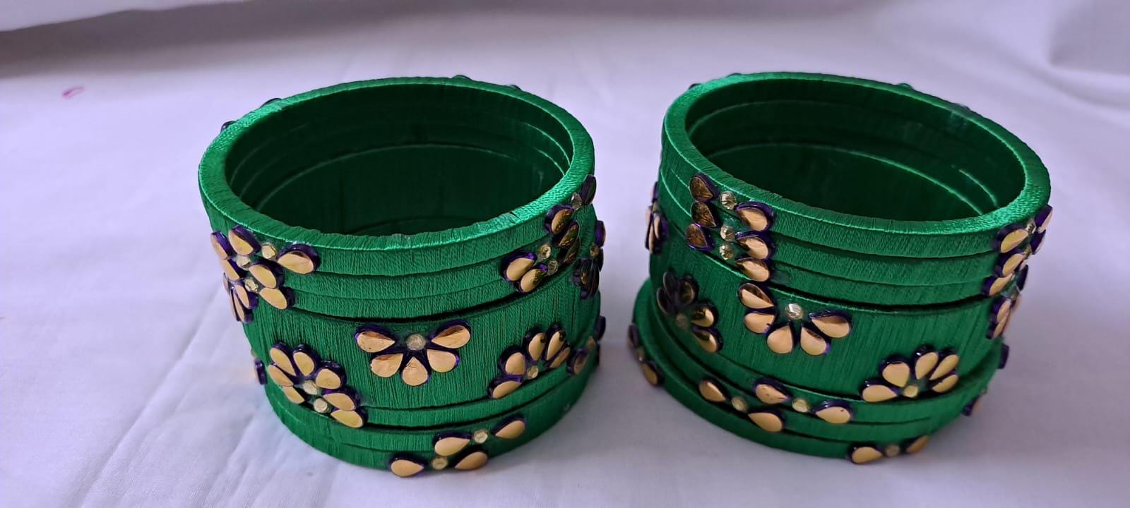 Green colour traditional thread kundan bangles with zari bangle box