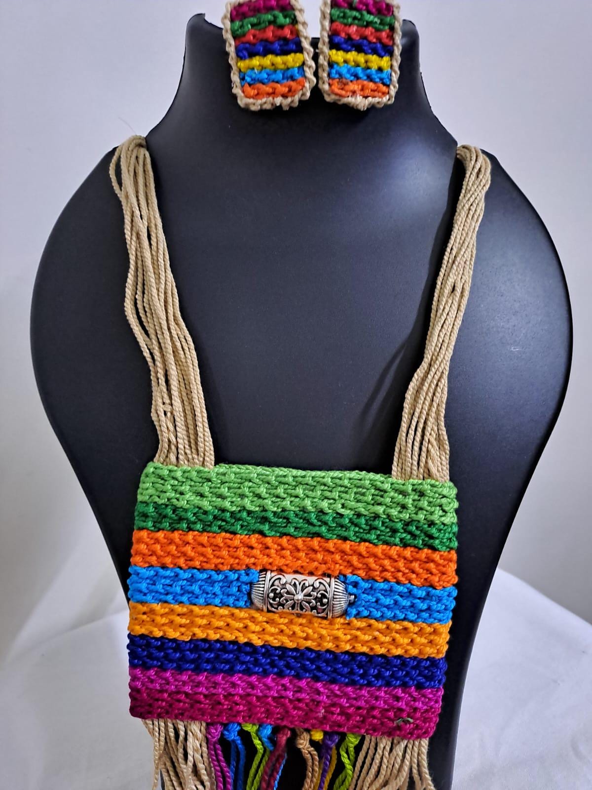 Multi colour crochet thread necklace with thread danglers and matching thread earrings
