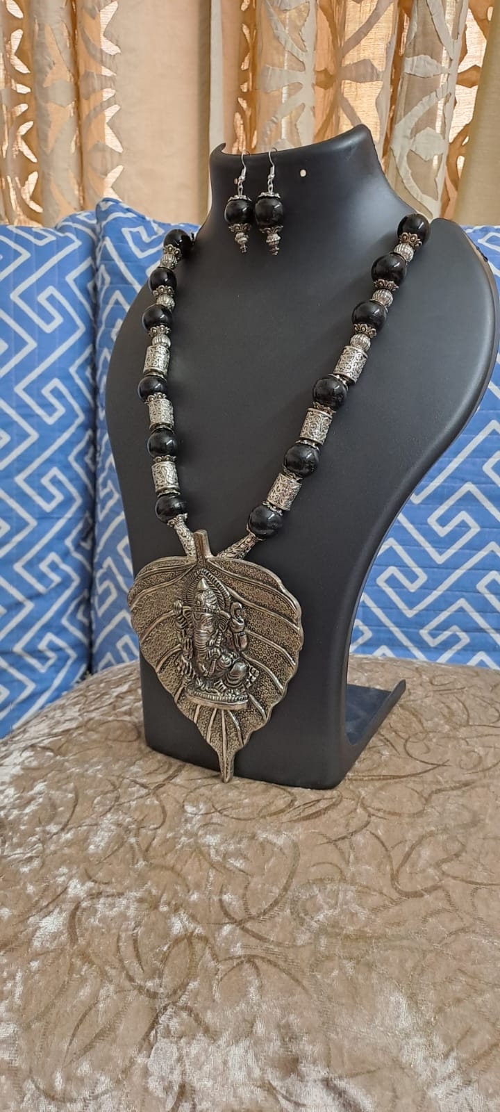 Black glass beads necklace with silver oxidised ganesha pendant
