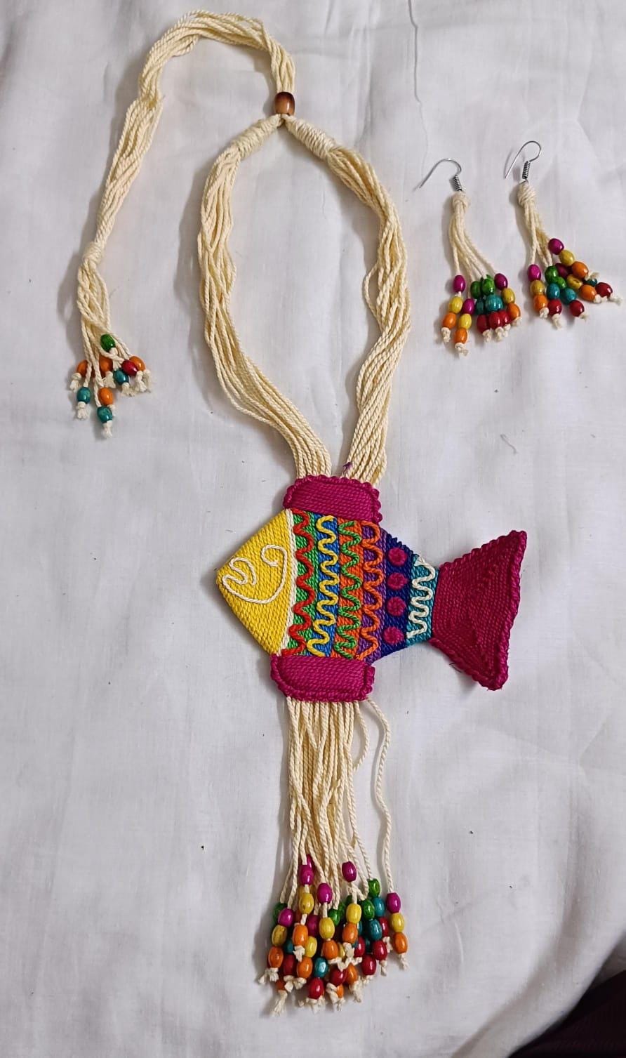 Multi colour thread fish pendant Jewellery. set with matching thread earrings