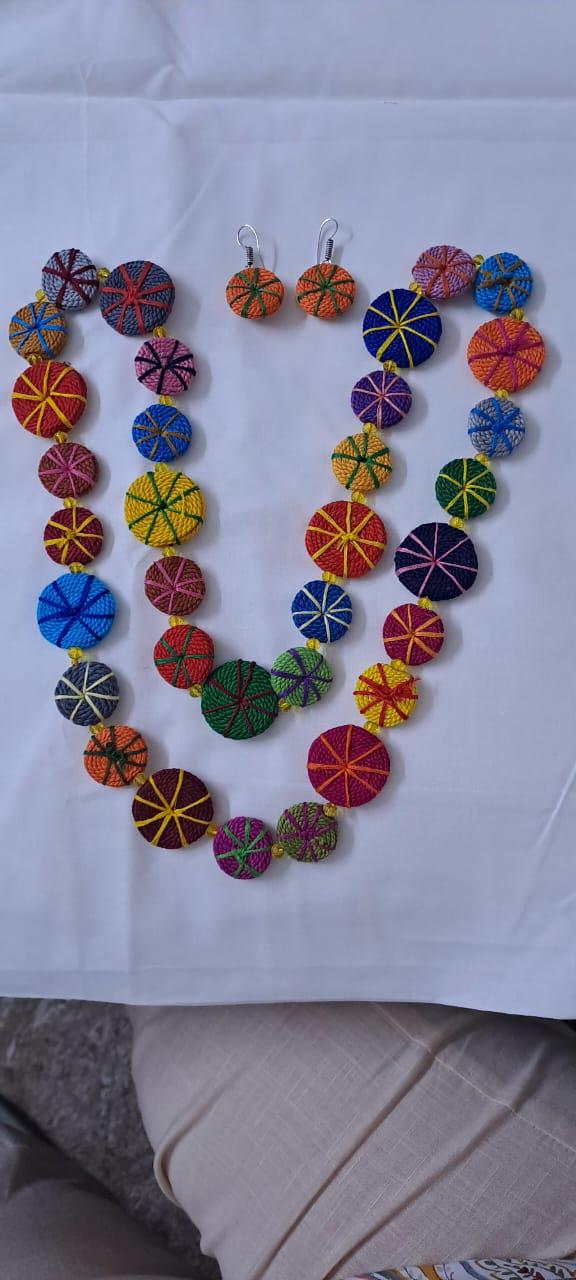 Exclusive multicoloured flat thread beads long necklace set with matching earrings (orange)